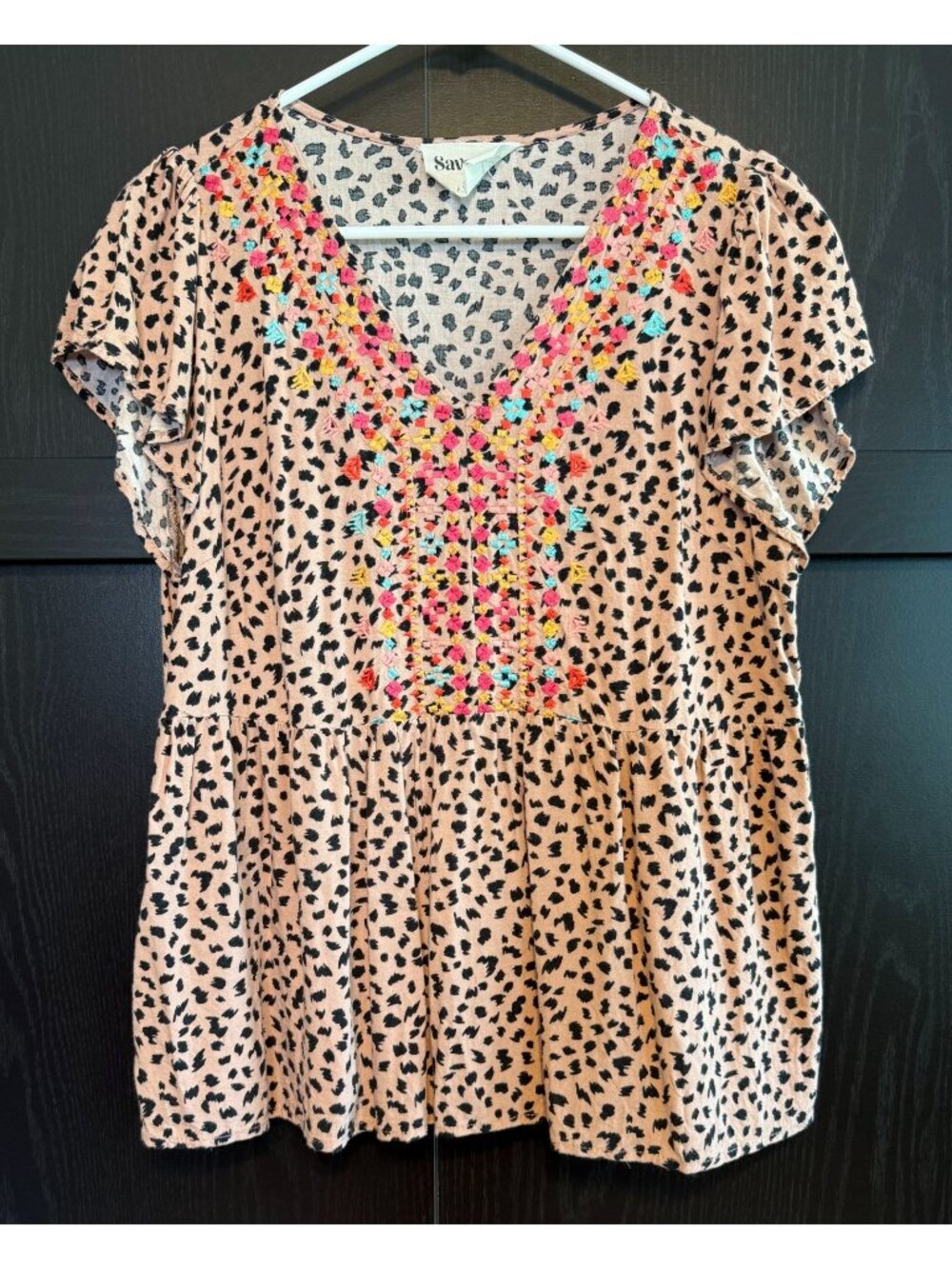 Savannah Jane Embroidered Cheetah Print Peasant Blouse Large Short Sleeves Boho